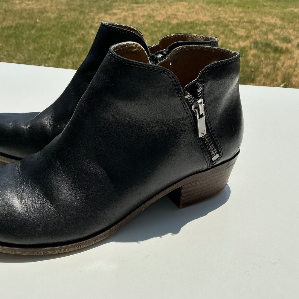 Lucky Brand Burklee Black Leather Ankle Boots Dual Zip Stacked Heel 8.5M - Picture 3 of 8